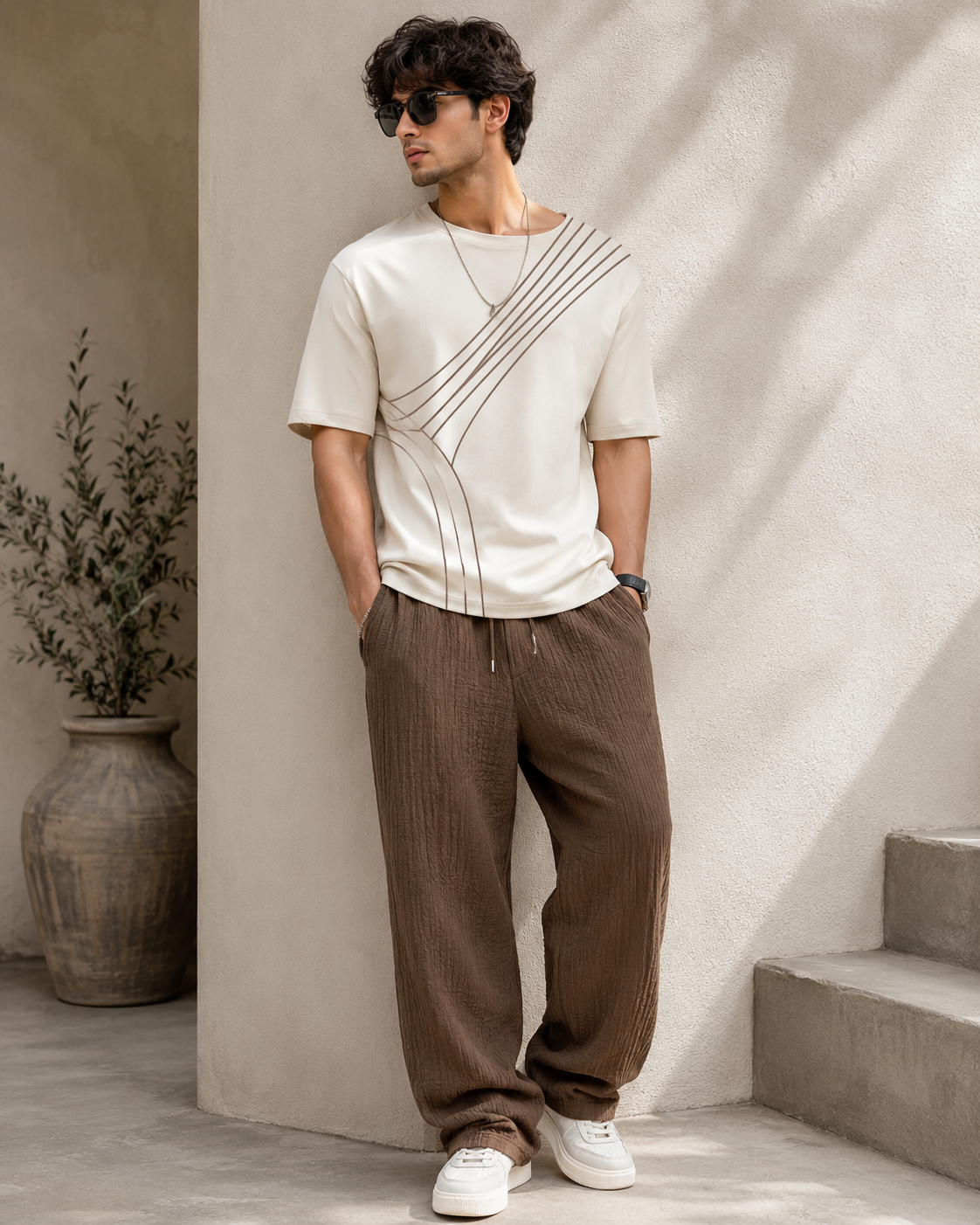Men's Premium Beige Graphic T-Shirt & Brown Relaxed Fit Pants Co-Ord Set
