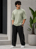 Men's Oversized Sage Green T-Shirt & Black Relaxed Fit Plazo Pants Co-Ord Set
