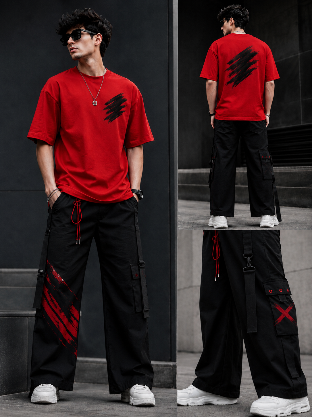 Urban Edge Red Oversized T-Shirt & Black Wide-Leg Cargo Pants Set