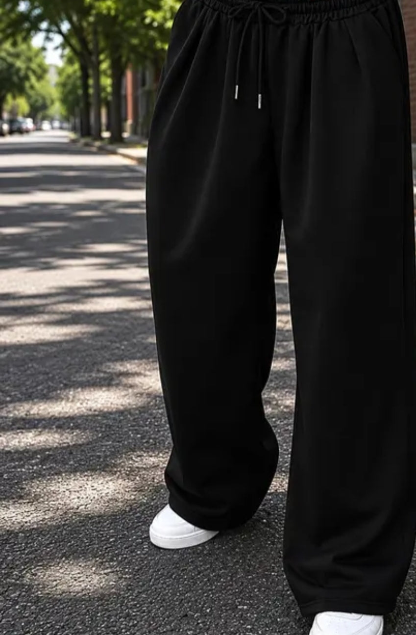 Premium Black Wide-Leg Relaxed Fit Sweatpants