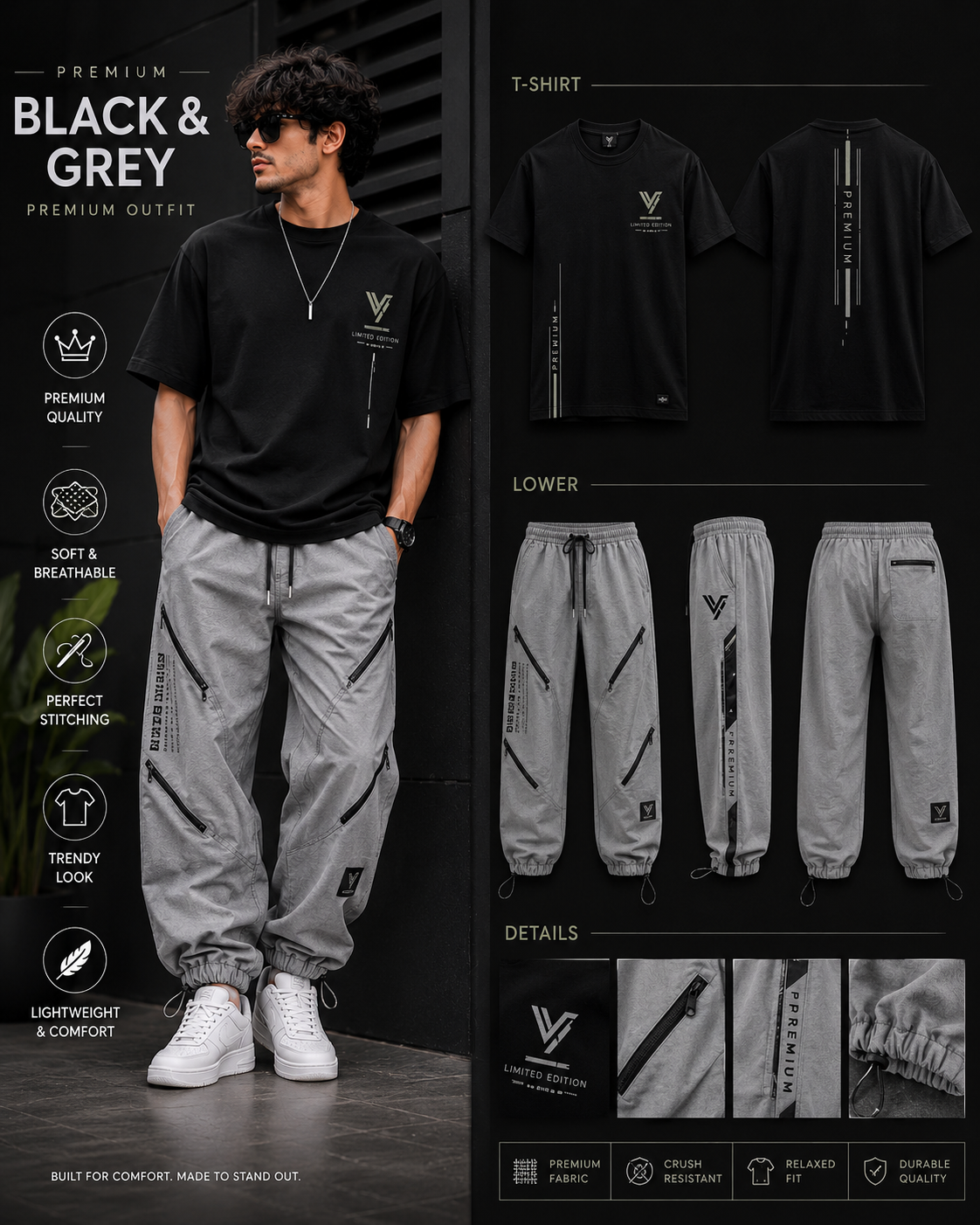 Premium Black & Grey Oversized T-Shirt & Cargo Jogger Set