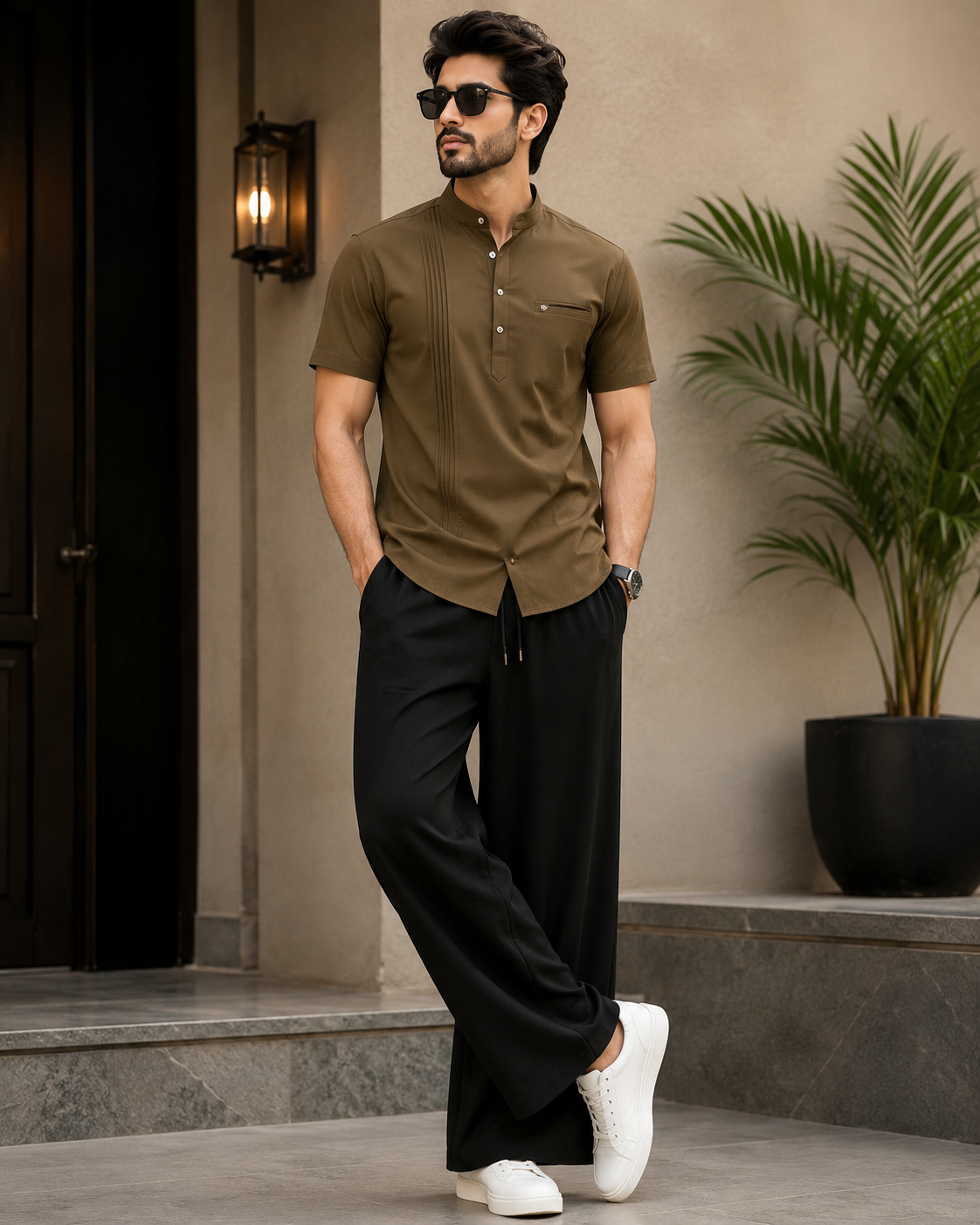 Luxury Casual Men's Outfit Set – Olive Brown Tee & Black Pants