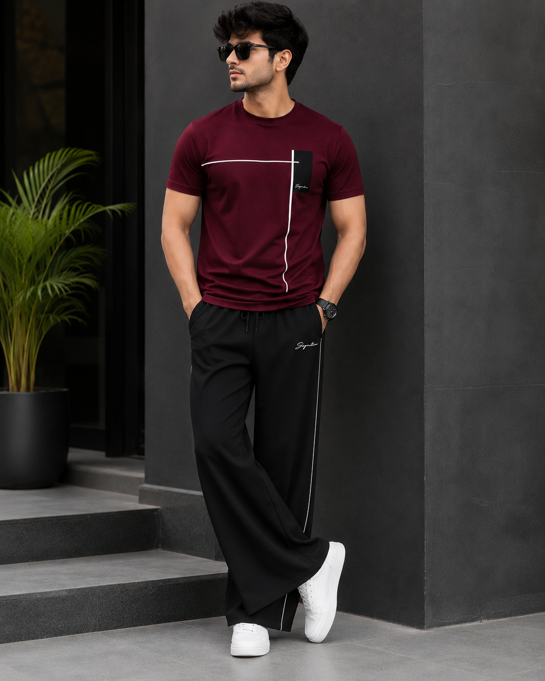Premium Maroon Tee & Black Relaxed Fit Pants Set
