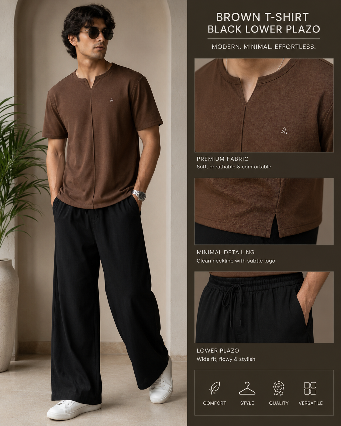 Men's Premium Brown T-Shirt & Black Wide-Leg Plazo Pants Co-Ord Set